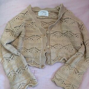 Zara Cream Openwork Knit Cropped Button Cardigan